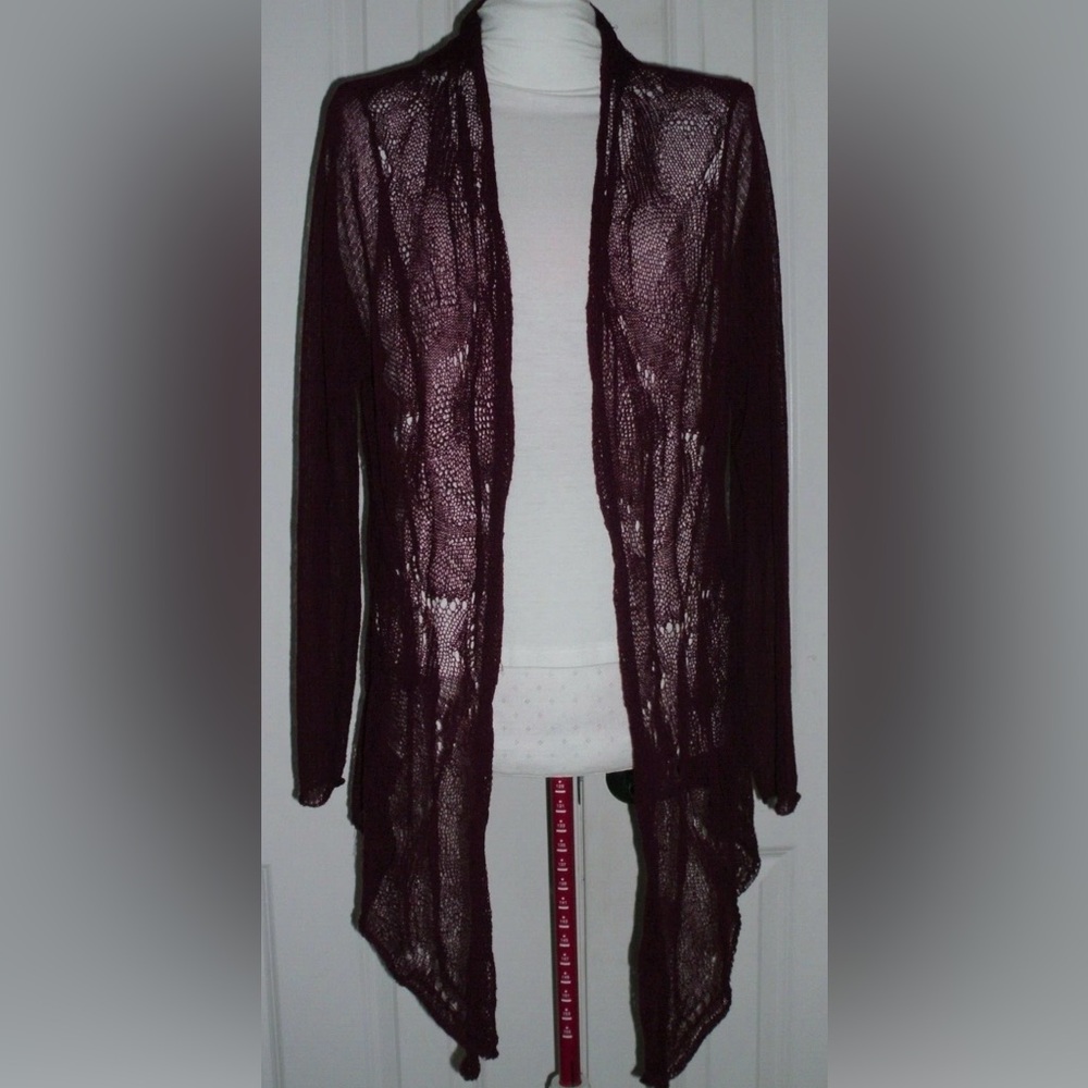EILEEN FISHER WOMAN OPEN FRONT LACEY SWEATER LINEN BLEND BURGUNDY Size Med‎